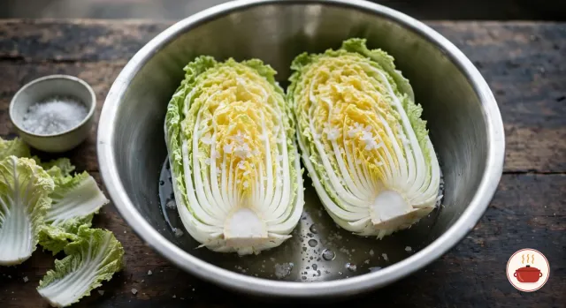 Two halves of a raw napa cabbage lying cut side up in a wide stainless-steel basin, coarse sea salt scattered between the pale yellow inner leaves and white stems, a little water in the bottom, with a small bowl of salt and trimmed outer leaves beside it