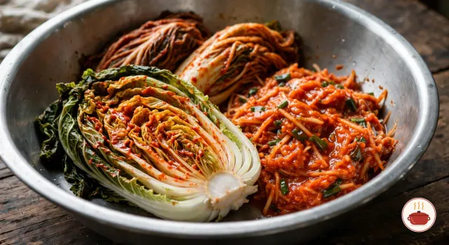 A brined, wilted napa cabbage half streaked with red seasoning between its leaves in a stainless-steel basin, beside a heap of wet orange-red chili seasoning with radish shreds and green onion, and two folded red kimchi halves at the back