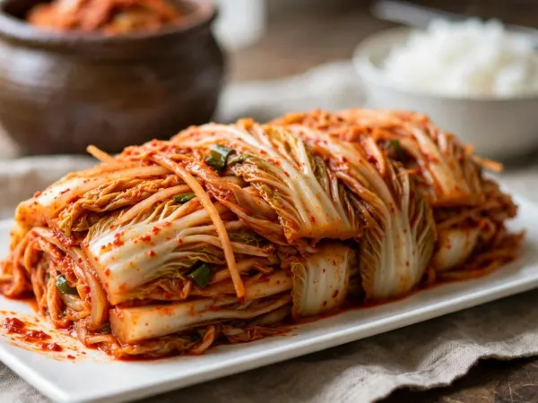 A quarter of a whole napa cabbage kimchi on a white rectangular plate, its soft, wilted leaves coated in deep orange-red chili seasoning with shreds of radish and green onion between them, with a brown onggi jar of kimchi and a bowl of white rice behind on a linen cloth