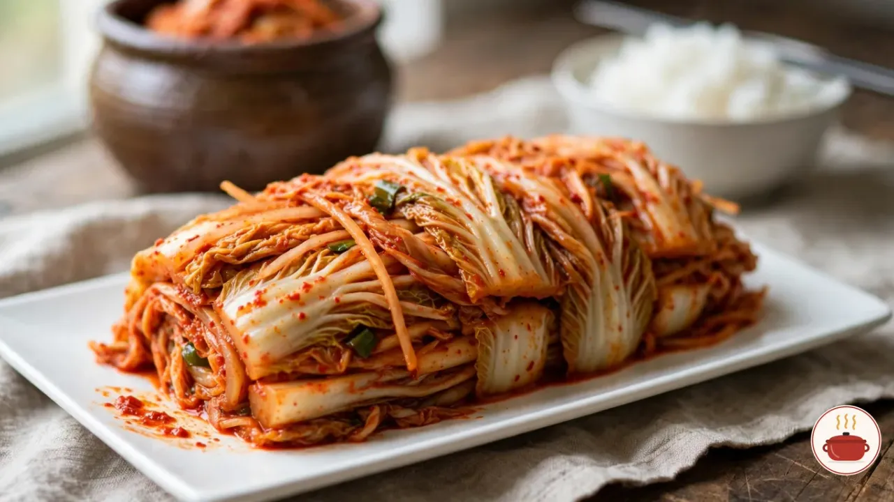 A quarter of a whole napa cabbage kimchi on a white rectangular plate, its soft, wilted leaves coated in deep orange-red chili seasoning with shreds of radish and green onion between them, with a brown onggi jar of kimchi and a bowl of white rice behind on a linen cloth