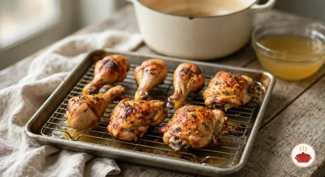 Browned chicken drumsticks and thighs flecked with thyme and curry powder on a wire rack in a sheet pan, the cream Dutch oven and a glass bowl of golden stock behind them