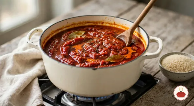 A thick, brick-red pepper and tomato base cooked down in a cream enameled Dutch oven on a gas burner, red oil pooling on top with bay leaves and dried thyme, a wooden spoon in the pot and a bowl of raw long-grain rice beside it