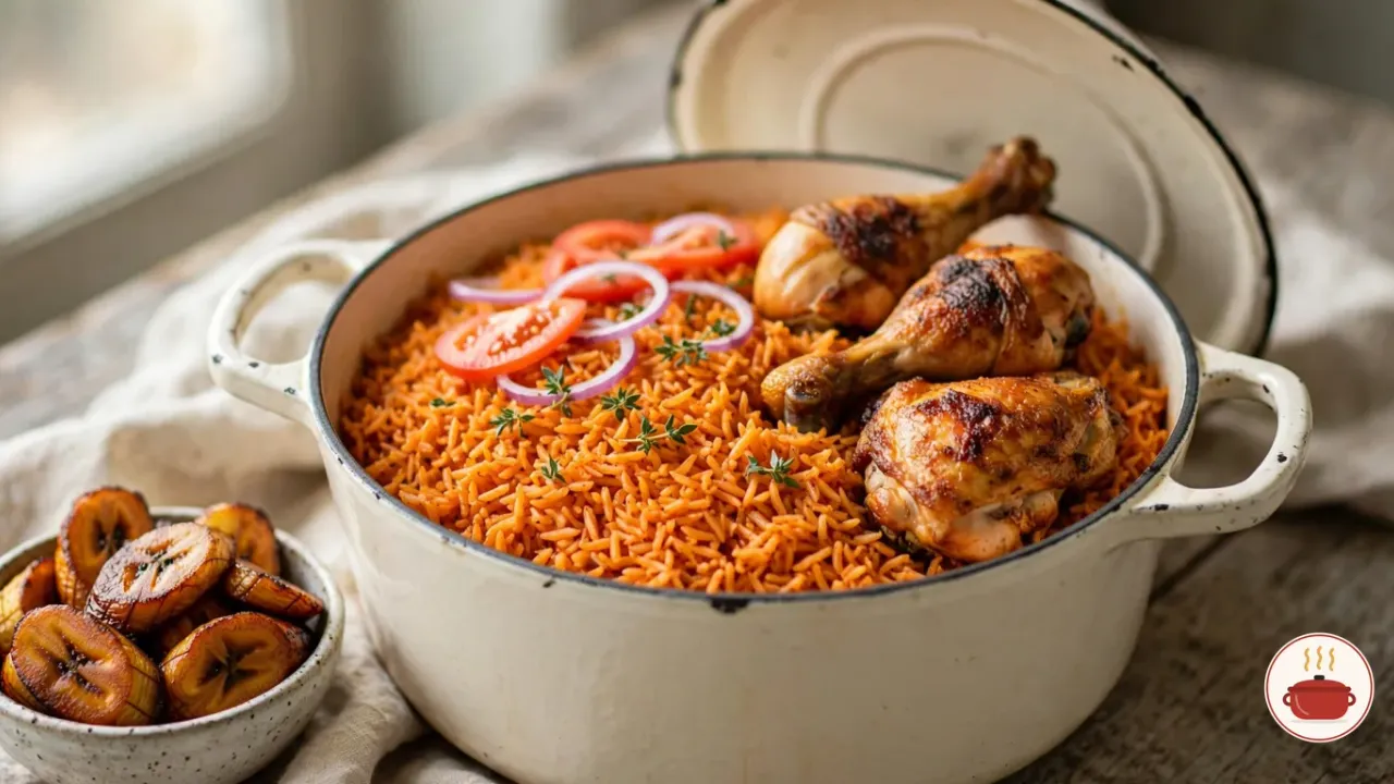Nigerian jollof rice in a cream enameled Dutch oven, the orange-red grains separate and topped with tomato slices, red onion rings and thyme, two browned drumsticks and a chicken thigh on one side, the lid behind it and a bowl of fried plantain beside it