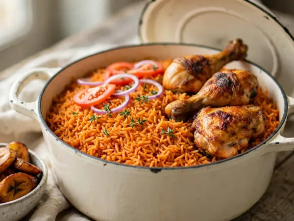 Nigerian jollof rice in a cream enameled Dutch oven, the orange-red grains separate and topped with tomato slices, red onion rings and thyme, two browned drumsticks and a chicken thigh on one side, the lid behind it and a bowl of fried plantain beside it