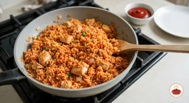 Ketchup fried rice with pieces of chicken, diced onion and peas being stirred with a wooden spatula in a light grey frying pan on a gas stove, beside a small bowl of ketchup and a white plate