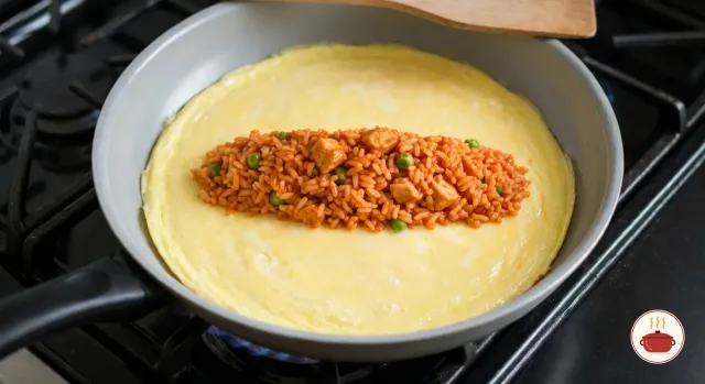 A thin, pale yellow omelet in a nonstick frying pan on a gas burner, with a long oval strip of ketchup rice, chicken and peas laid across its middle