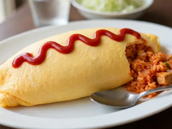 A Japanese omurice on a white oval plate: a smooth, pale yellow omelet wrapped into a plump oval with a zigzag of ketchup on top, cut open at one end to show orange-red ketchup rice with chicken, onion and peas, beside a spoon, a glass of water and a bowl of shredded cabbage