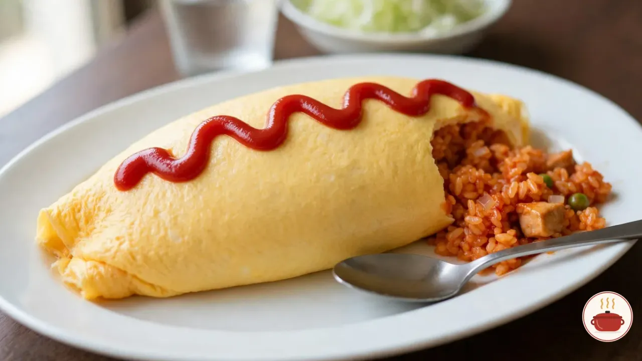 A Japanese omurice on a white oval plate: a smooth, pale yellow omelet wrapped into a plump oval with a zigzag of ketchup on top, cut open at one end to show orange-red ketchup rice with chicken, onion and peas, beside a spoon, a glass of water and a bowl of shredded cabbage