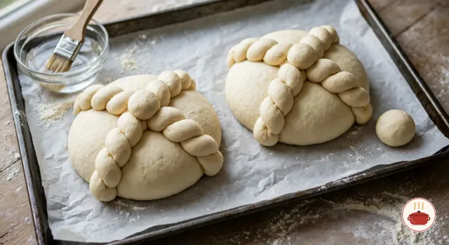 Two raw rounds of pale pan de muerto dough on a parchment-lined baking sheet, each crossed by two knobbed dough ropes in an X; the left one has a dough ball pressed into its center, the right one's ball waits beside it, next to a bowl of water and a pastry brush