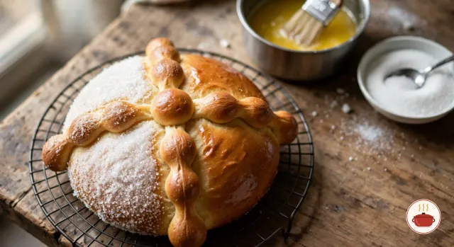 A freshly baked golden pan de muerto with knobbed dough bones on a wire rack, its left half brushed with butter and coated in sugar and the right half still bare, beside a saucepan of melted butter with a pastry brush and a bowl of sugar