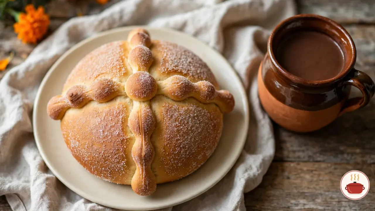 A round pan de muerto on a cream plate, seen from above: a golden loaf coated in sugar, with four knobbed dough bones running out from a small ball on top, beside a glazed clay mug of hot chocolate, with orange marigolds and petals on a linen cloth