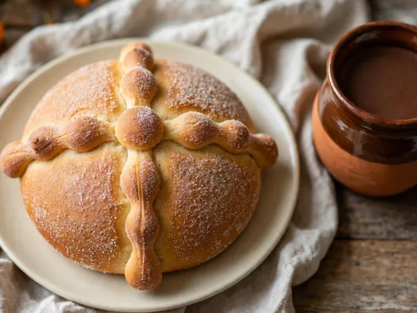 A round pan de muerto on a cream plate, seen from above: a golden loaf coated in sugar, with four knobbed dough bones running out from a small ball on top, beside a glazed clay mug of hot chocolate, with orange marigolds and petals on a linen cloth