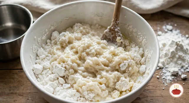 A large white bowl of scalded tapioca starch, lumpy and sticky, partly glossy and partly white and powdery, with a wooden spoon in it, beside a small steel saucepan