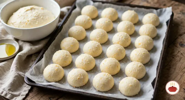 Rows of smooth, pale cream, raw pão de queijo dough balls on a parchment-lined baking sheet, flecked with grated cheese, beside a bowl of the remaining dough