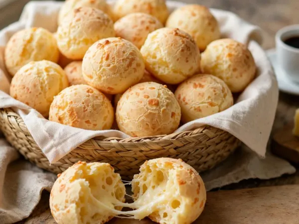 A woven straw basket lined with a cream cloth, full of round golden pão de queijo rolls with crackled tops, one torn open in front to show a soft, stretchy, pale crumb, beside a cup of black coffee and a wedge of aged cheese