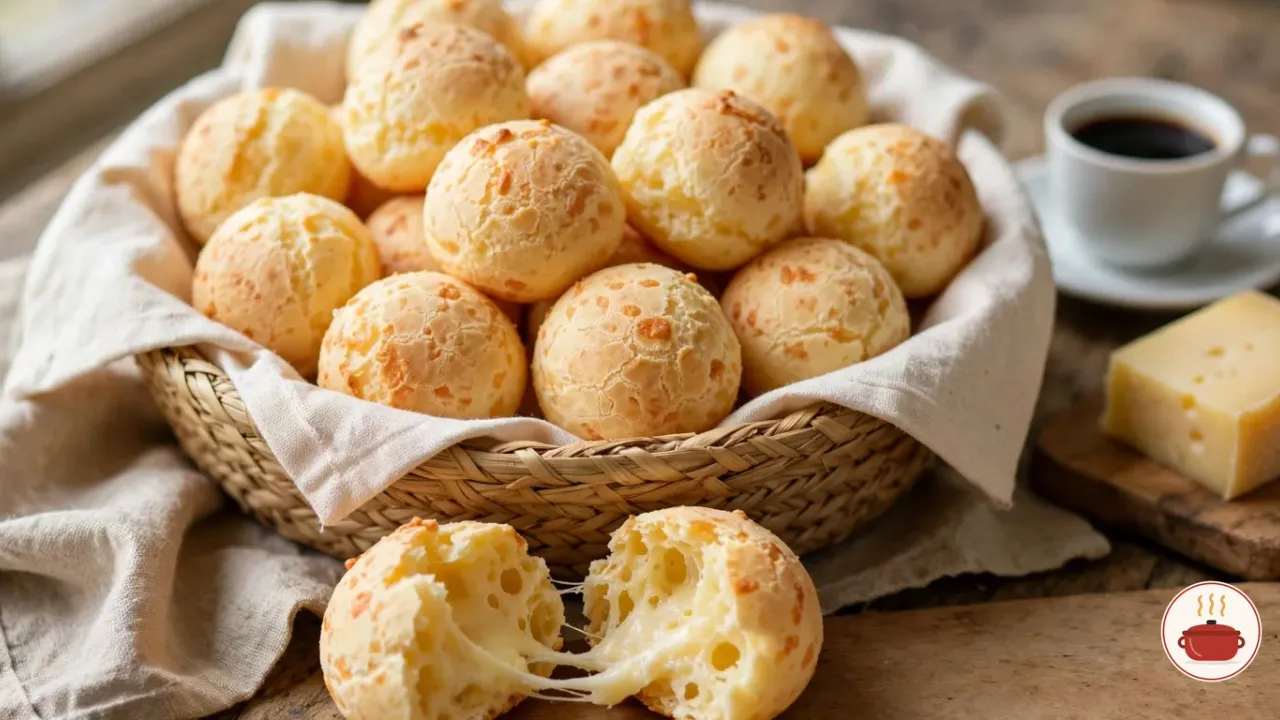A woven straw basket lined with a cream cloth, full of round golden pão de queijo rolls with crackled tops, one torn open in front to show a soft, stretchy, pale crumb, beside a cup of black coffee and a wedge of aged cheese