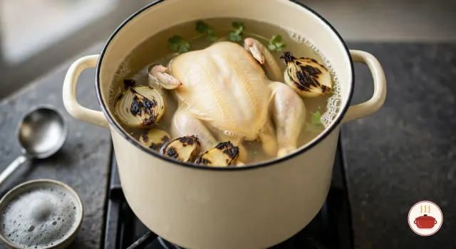 A whole chicken poaching in clear, pale golden broth in a cream enamel stockpot on a gas burner, with charred onion halves, pieces of charred ginger and cilantro stems floating beside it, a ladle and a bowl of skimmed foam on the counter