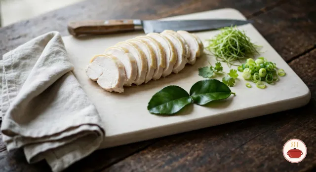 Slices of poached chicken breast with thin pale yellow skin fanned on a wooden board, beside a small heap of thin green lime leaf threads, sliced scallions, cilantro leaves and a double makrut lime leaf