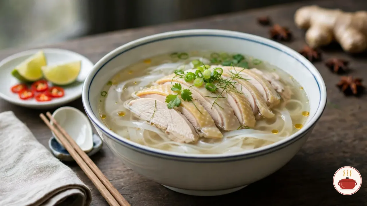 A bowl of Hanoi chicken pho in an ivory porcelain bowl with a blue rim: clear pale golden broth over flat rice noodles, sliced poached chicken with pale yellow skin, scallion rings, cilantro and fine green herb threads, with lime wedges and red chili on a saucer and star anise and ginger behind