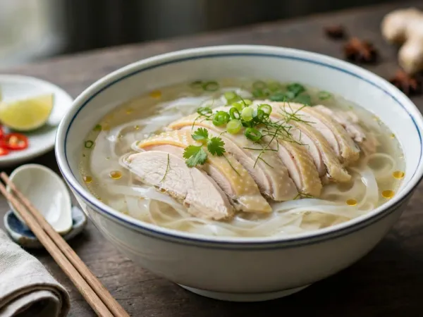 A bowl of Hanoi chicken pho in an ivory porcelain bowl with a blue rim: clear pale golden broth over flat rice noodles, sliced poached chicken with pale yellow skin, scallion rings, cilantro and fine green herb threads, with lime wedges and red chili on a saucer and star anise and ginger behind