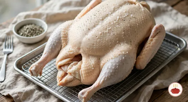 A whole raw goose with pale cream skin, rubbed with coarse salt and pepper, sitting breast up on a wire rack over a rimmed baking tray, beside a small bowl of dried marjoram and a fork on a wooden table