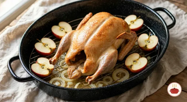 A golden-brown whole goose on a rack in a black speckled enamel roasting pan, with six halved apples set cut side up around it and soft onion slices in a thin layer of clear golden fat below, on a linen cloth