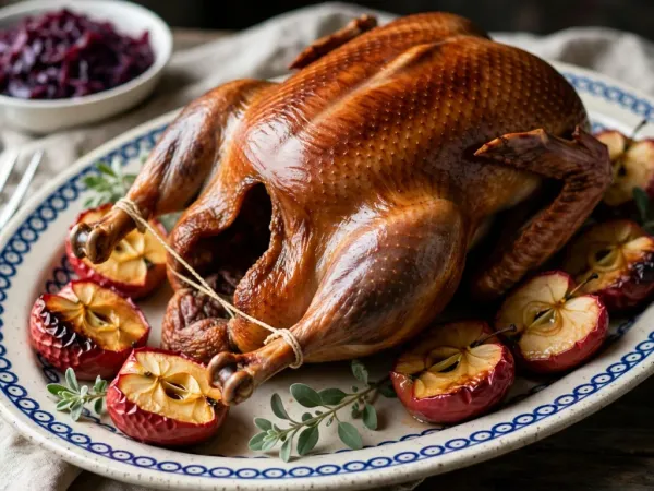 A whole roast goose with crisp, deep mahogany skin on a large oval Polish stoneware platter painted with cobalt-blue dots, surrounded by roasted halved apples and sprigs of marjoram, with a bowl of braised red cabbage behind on a rustic wooden table