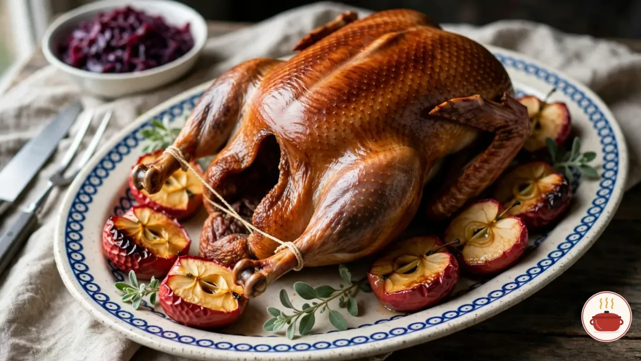A whole roast goose with crisp, deep mahogany skin on a large oval Polish stoneware platter painted with cobalt-blue dots, surrounded by roasted halved apples and sprigs of marjoram, with a bowl of braised red cabbage behind on a rustic wooden table