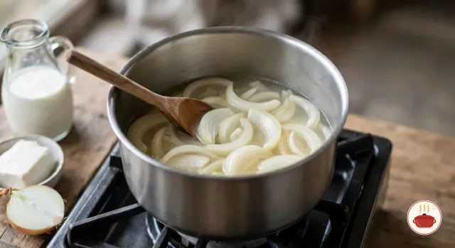 Half-moon slices of onion simmering in a little cloudy water in a stainless-steel saucepan on a gas burner, soft and translucent, a wooden spoon resting in the pan, beside a small bowl of white lard, half a raw onion and a glass jug of milk