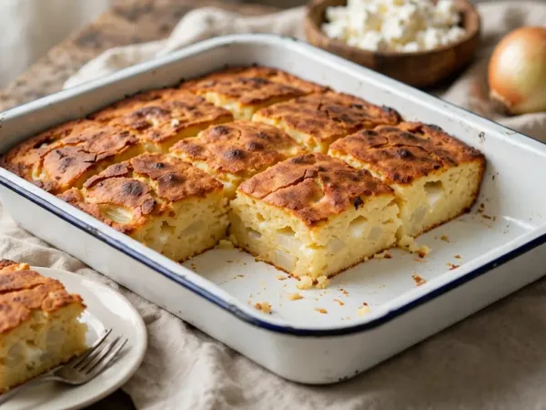 Sopa paraguaya in a white enamelware baking pan with a navy-blue rim, cut into squares with a deep golden, cracked and toasted top and a moist pale-yellow crumb with pockets of white cheese and soft onion, two squares lifted out, one on a cream plate with a fork, beside a bowl of crumbled fresh cheese and a whole onion
