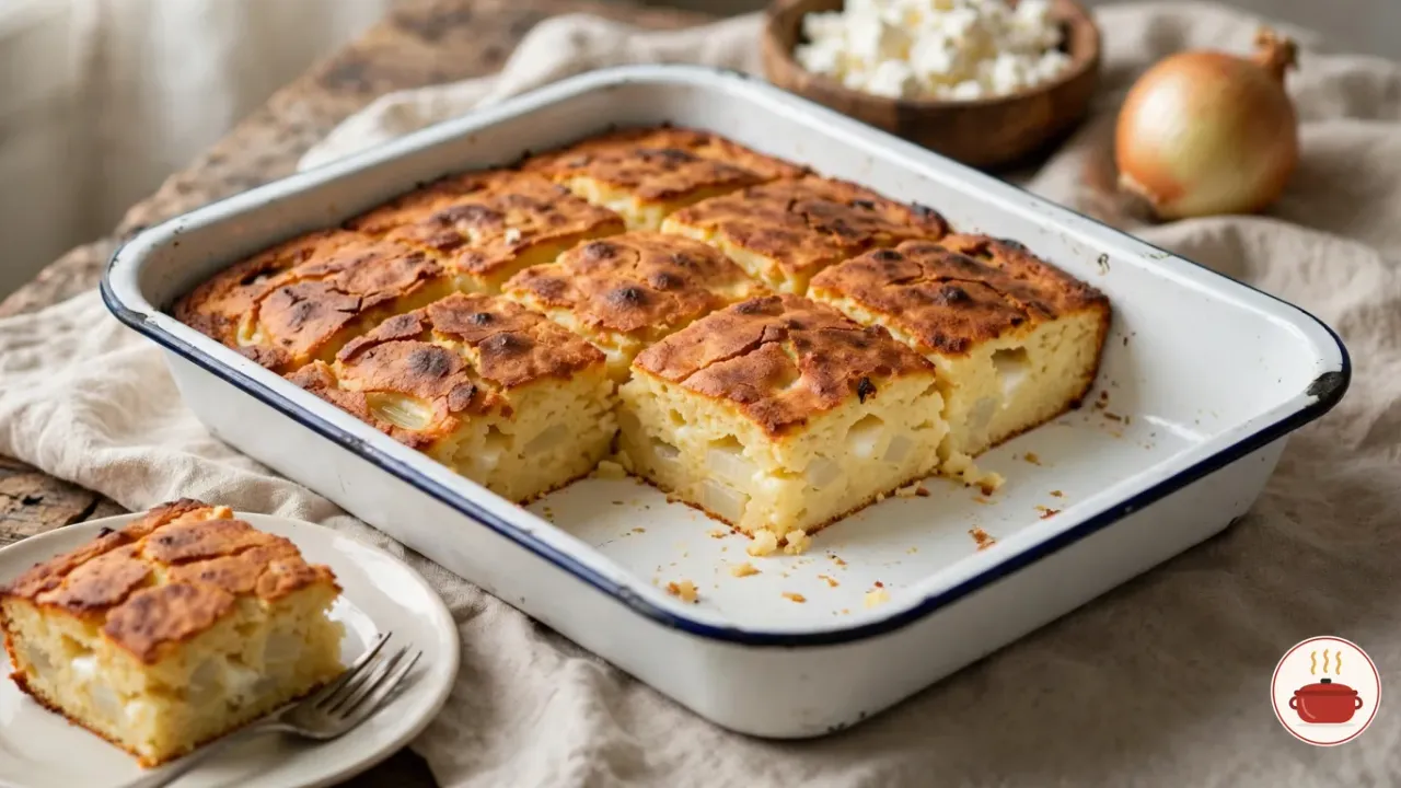 Sopa paraguaya in a white enamelware baking pan with a navy-blue rim, cut into squares with a deep golden, cracked and toasted top and a moist pale-yellow crumb with pockets of white cheese and soft onion, two squares lifted out, one on a cream plate with a fork, beside a bowl of crumbled fresh cheese and a whole onion