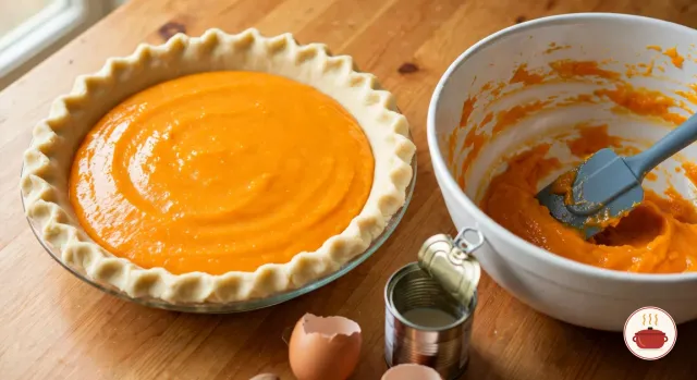 An unbaked sweet potato pie on a pine table: smooth, glossy raw orange filling poured into a clear glass pie plate lined with pale crimped dough, beside a white mixing bowl with a gray spatula and streaks of filling, an opened can of evaporated milk and two brown eggshells
