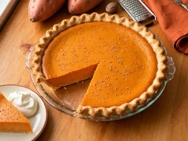 A homemade sweet potato pie in a clear glass pie plate on a honey-colored pine table: a smooth, matte burnt-orange filling flecked with nutmeg inside a fluted golden crust, one wedge cut out and set on a cream plate with whipped cream, with raw copper-skinned sweet potatoes, a whole nutmeg, a grater and a rust-orange napkin behind it