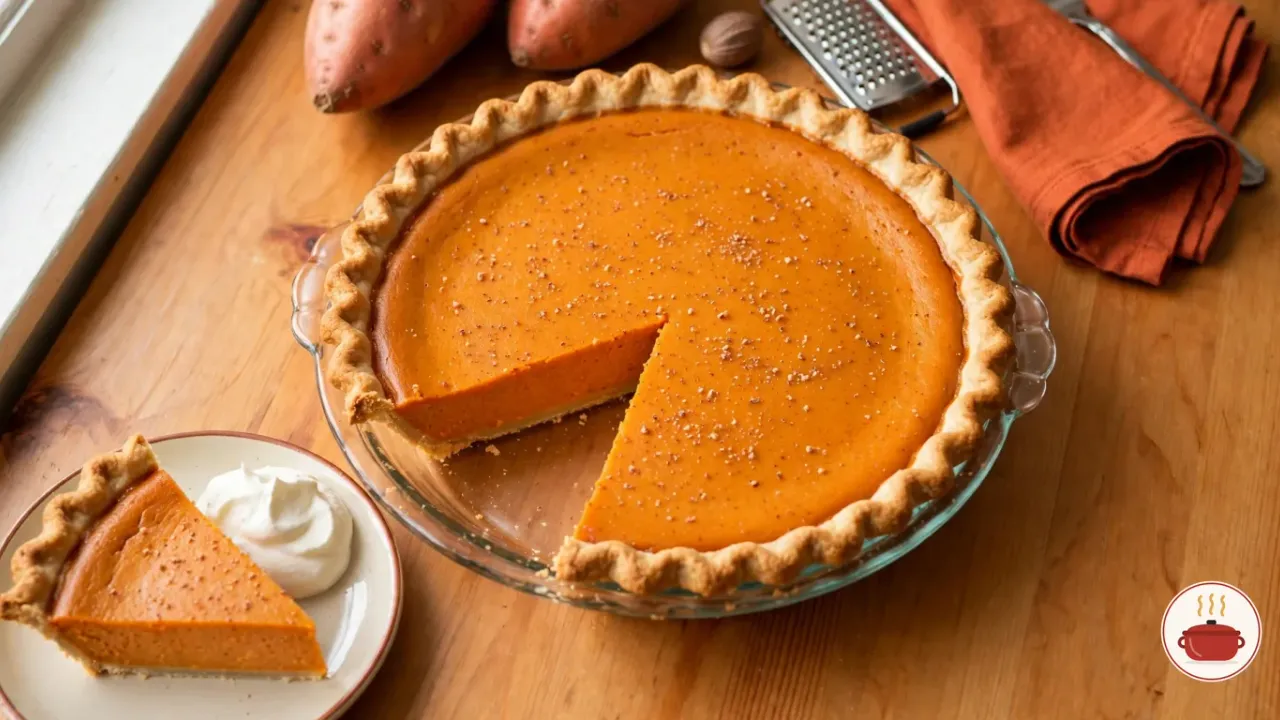 A homemade sweet potato pie in a clear glass pie plate on a honey-colored pine table: a smooth, matte burnt-orange filling flecked with nutmeg inside a fluted golden crust, one wedge cut out and set on a cream plate with whipped cream, with raw copper-skinned sweet potatoes, a whole nutmeg, a grater and a rust-orange napkin behind it