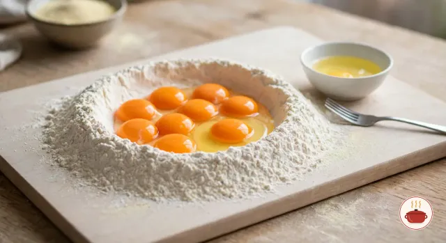 A mound of white flour on a pale wooden pastry board with a deep well in the middle holding raw, deep orange egg yolks and one whole egg, beside a small white bowl of the separated egg whites and a fork