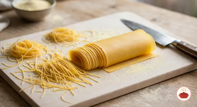 A loosely rolled sheet of fresh yellow egg pasta on a semolina-dusted wooden board, the cut end showing its spiral, beside piles and small nests of thin hand-cut tajarin, a chef's knife and a bowl of semolina