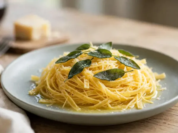 A loose nest of thin, golden, hand-cut tajarin noodles glossy with melted butter on a pale celadon-grey stoneware plate, topped with grated Parmigiano and whole sage leaves, with a wedge of Parmigiano, a fork and a glass of red wine behind on a light oak table