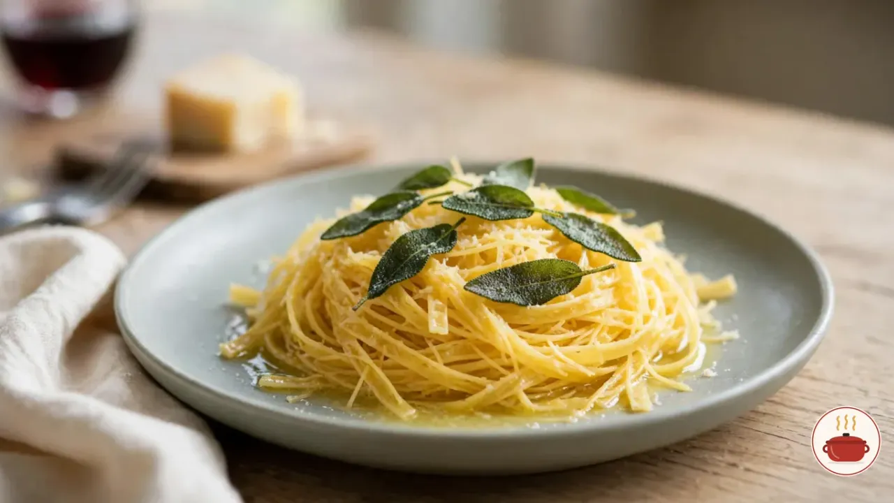 A loose nest of thin, golden, hand-cut tajarin noodles glossy with melted butter on a pale celadon-grey stoneware plate, topped with grated Parmigiano and whole sage leaves, with a wedge of Parmigiano, a fork and a glass of red wine behind on a light oak table