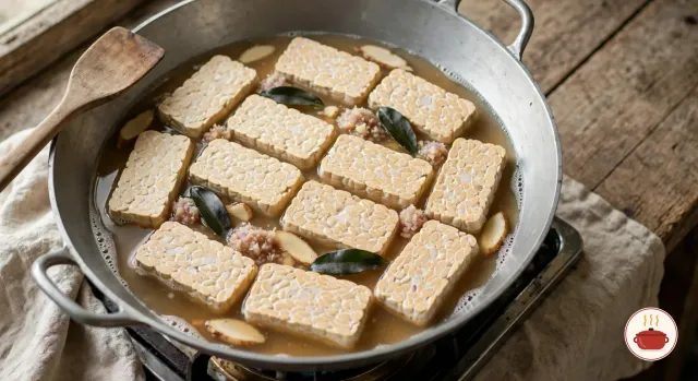 Twelve thick slabs of pale, uncooked tempeh in one layer in a wide aluminium wok on a gas burner, half covered in light amber coconut water with dissolved palm sugar, with salam leaves, galangal slices and spoonfuls of shallot and garlic paste between them, and a wooden spatula on the rim