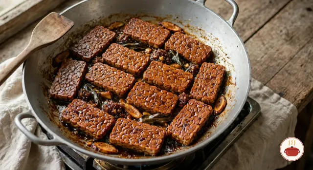 The same aluminium wok after the braise: the liquid cooked down to a thin, sticky dark brown glaze, and the twelve slabs of tempeh now glossy caramel to chestnut brown, with darkened salam leaves and browned galangal slices between them