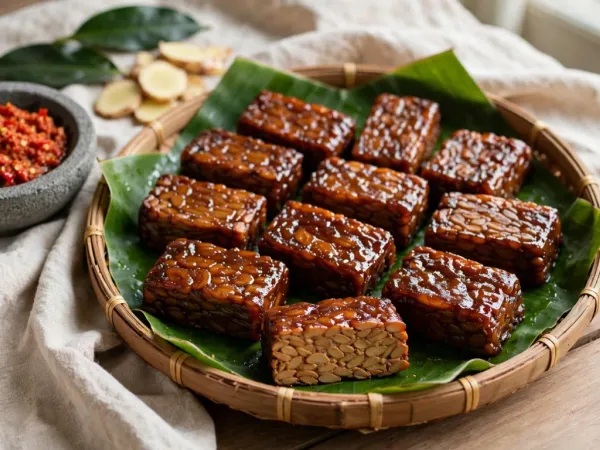 Javanese tempe bacem on a round woven bamboo tray lined with banana leaf: twelve thick slabs of tempeh braised in palm sugar and coconut water, glossy and deep caramel brown, one cut open at the front to show the packed soybeans inside, with a stone mortar of red sambal, a bowl of white rice, salam leaves and sliced galangal beside it