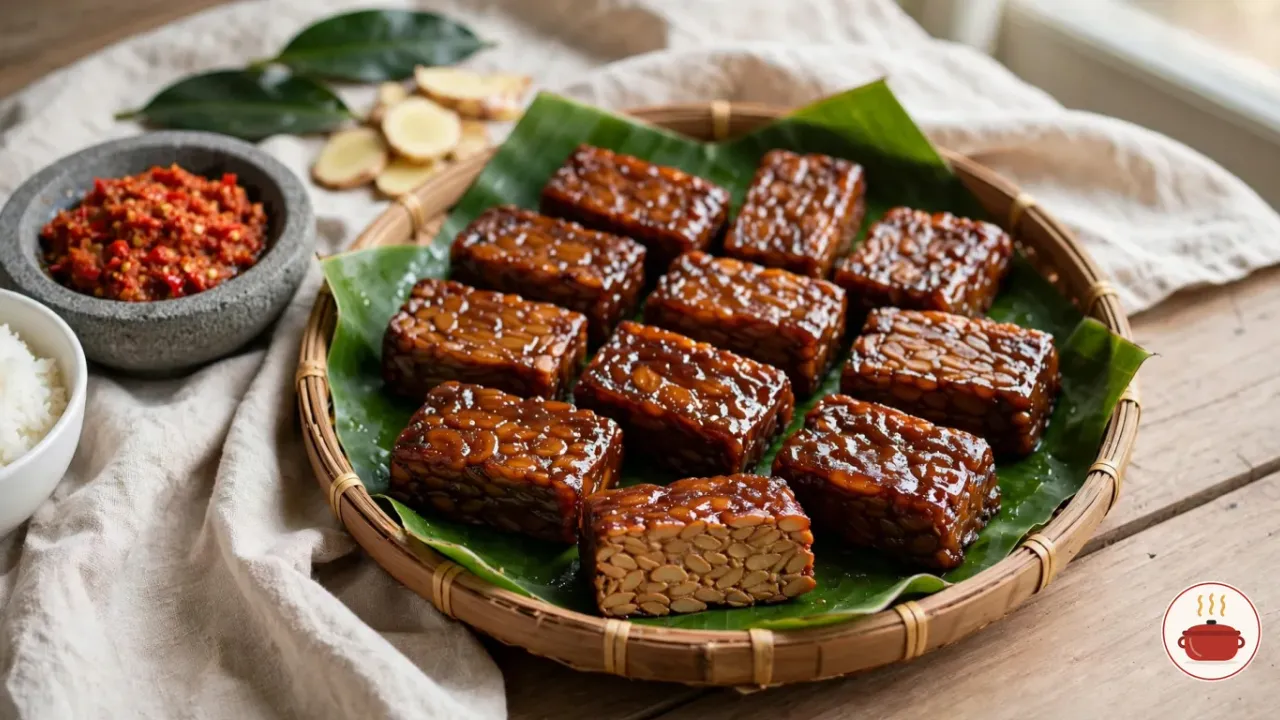 Javanese tempe bacem on a round woven bamboo tray lined with banana leaf: twelve thick slabs of tempeh braised in palm sugar and coconut water, glossy and deep caramel brown, one cut open at the front to show the packed soybeans inside, with a stone mortar of red sambal, a bowl of white rice, salam leaves and sliced galangal beside it