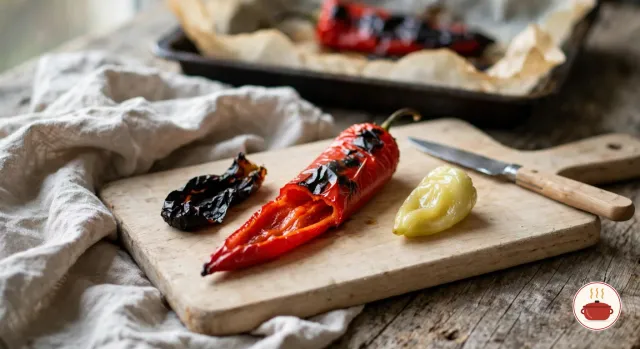 A roasted long red pepper on a wooden board, split open and partly peeled to show its soft red flesh, its charred skin lying beside it, with a peeled pale green roasted hot pepper, a small knife and a baking sheet of charred peppers behind