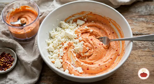 A fork folding smooth coral-orange pepper and feta cream into roughly mashed white feta in a wide white bowl, with the small food-processor bowl of pepper cream and a dish of red chili flakes beside it
