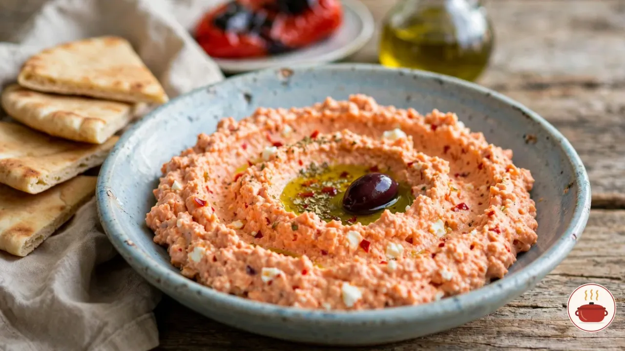 Greek tirokafteri in a shallow, speckled blue-grey stoneware bowl: a thick, coral-orange spread of whipped feta with small white crumbs of feta and flecks of red chili, swirled around a pool of olive oil with dried oregano and a Kalamata olive, beside warm pita triangles, with a roasted red pepper and a cruet of olive oil behind