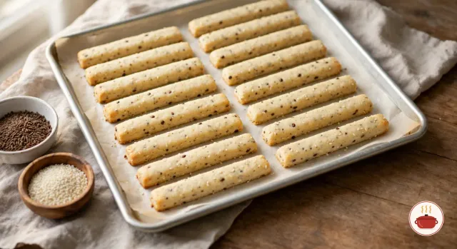 Baked dough sticks for turrón in neat rows on a parchment-lined aluminium baking sheet, pale cream-gold on top with light golden edges and specks of anise and sesame, beside small bowls of anise seeds and white sesame seeds