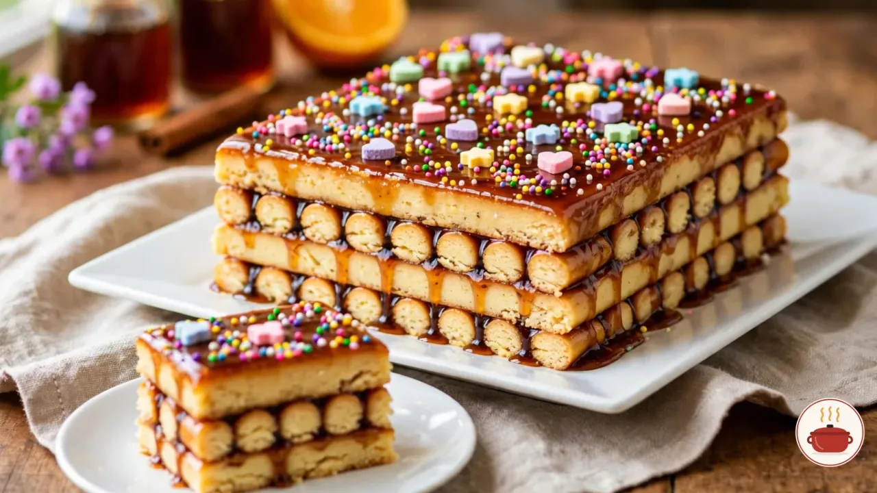 A block of turrón de Doña Pepa on a white platter: pale golden baked sticks stacked in crossed layers and glued with dark amber syrup, the top glazed and covered in rainbow nonpareils and pastel heart and star candies, with a three-layer square piece on a small plate in front