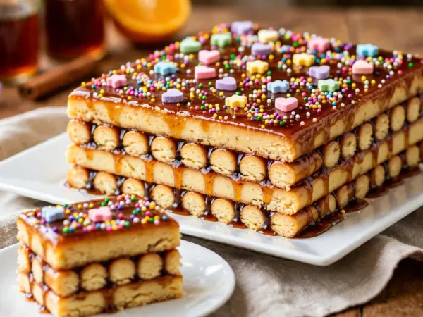 A block of turrón de Doña Pepa on a white platter: pale golden baked sticks stacked in crossed layers and glued with dark amber syrup, the top glazed and covered in rainbow nonpareils and pastel heart and star candies, with a three-layer square piece on a small plate in front