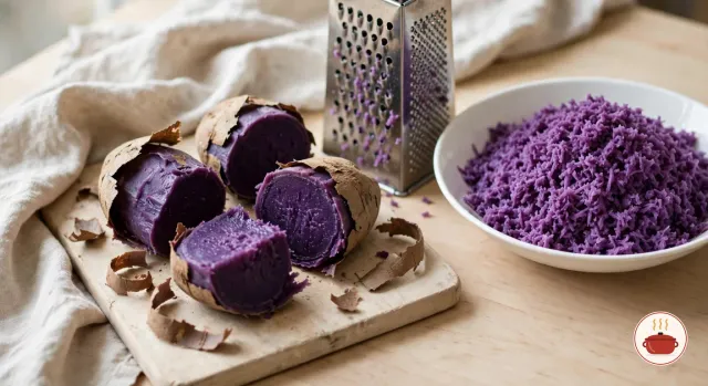 Boiled purple yam chunks with thin brown skins peeled back to show deep violet flesh on a wooden board, beside a box grater and a white bowl of finely grated purple ube