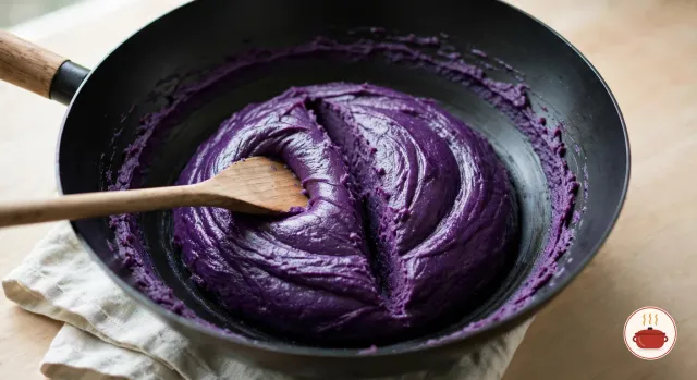 A thick, glossy, deep violet ube paste in a wide black nonstick wok, a wooden spatula drawn through the middle leaving an open path, the paste pulling away from the sides of the pan